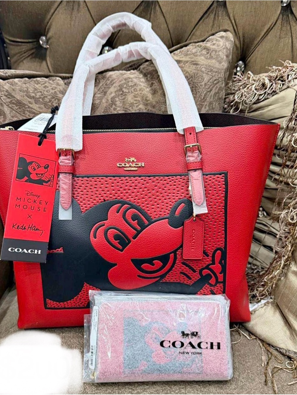 Coach Red and Black Mickey Tote with Matching Pink Wallet